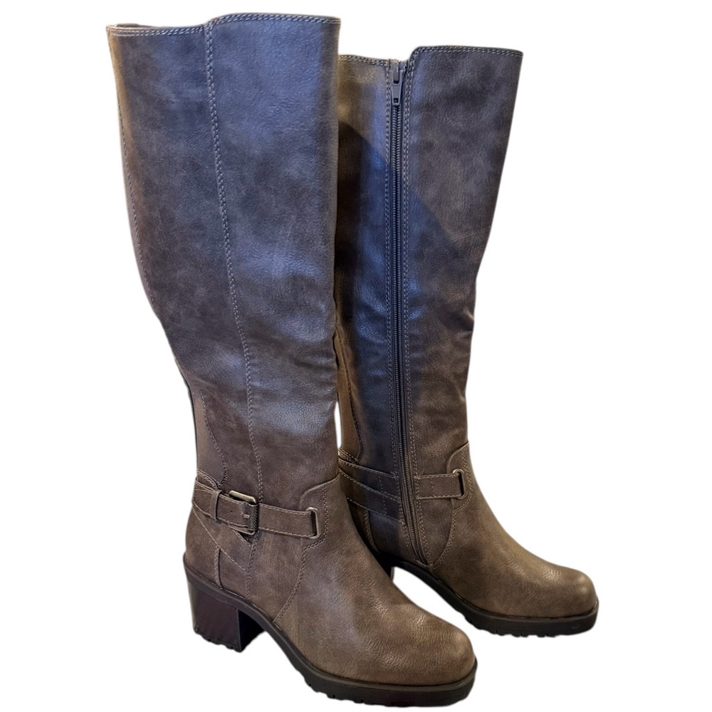 BareTraps Grey Knee High Boots Riding Stack Heel Tempist 6 NWT Faux Leather New - Picture 1 of 14